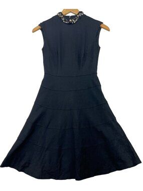 Eliza J Women's Embellished Neck Tiered Fit & Flare Dress Sleeveless Sz 0P Black
